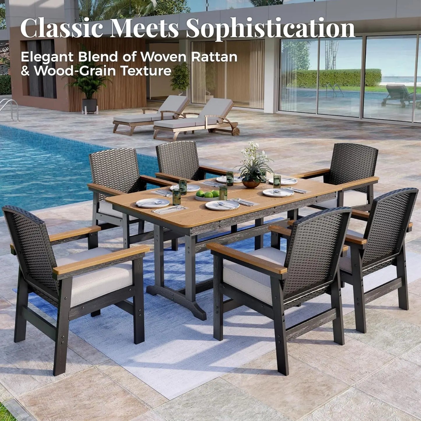 7-Piece Outdoor Patio Dining Sets, Patio Table and Chairs Set, HDPE Outdoor Dining Set, Rattan Wicker Patio Set, Customized