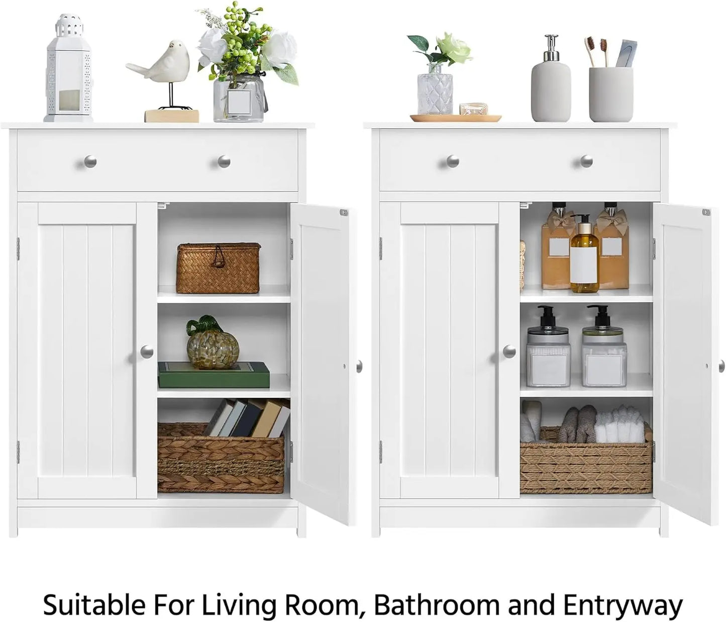 Bathroom Storage Cabinet with Drawer and Doors, White Wooden Floor Cabinet for Living Room, Entryway, Small Spaces