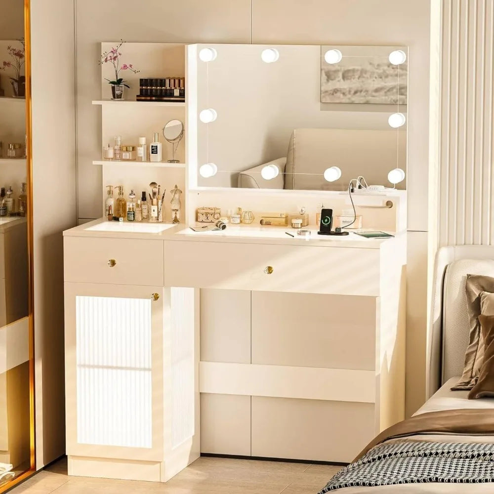 45" Modern Makeup Vanity Desk with Mirror and Lights, Makeup Vanity with 5 Shelves& 2 Drawers and Cabinet, Vanity Table