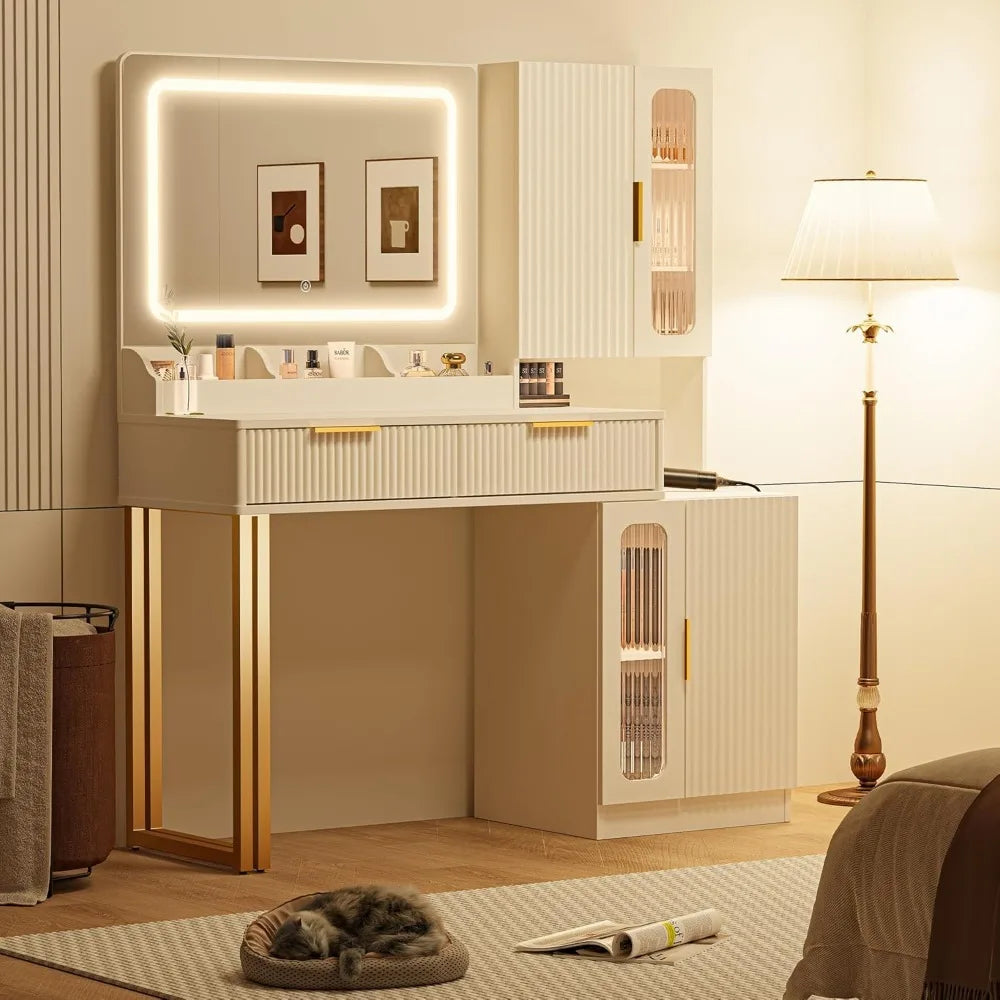 45" Modern Makeup Vanity Desk with Mirror and Lights, Makeup Vanity with 5 Shelves& 2 Drawers and Cabinet, Vanity Table