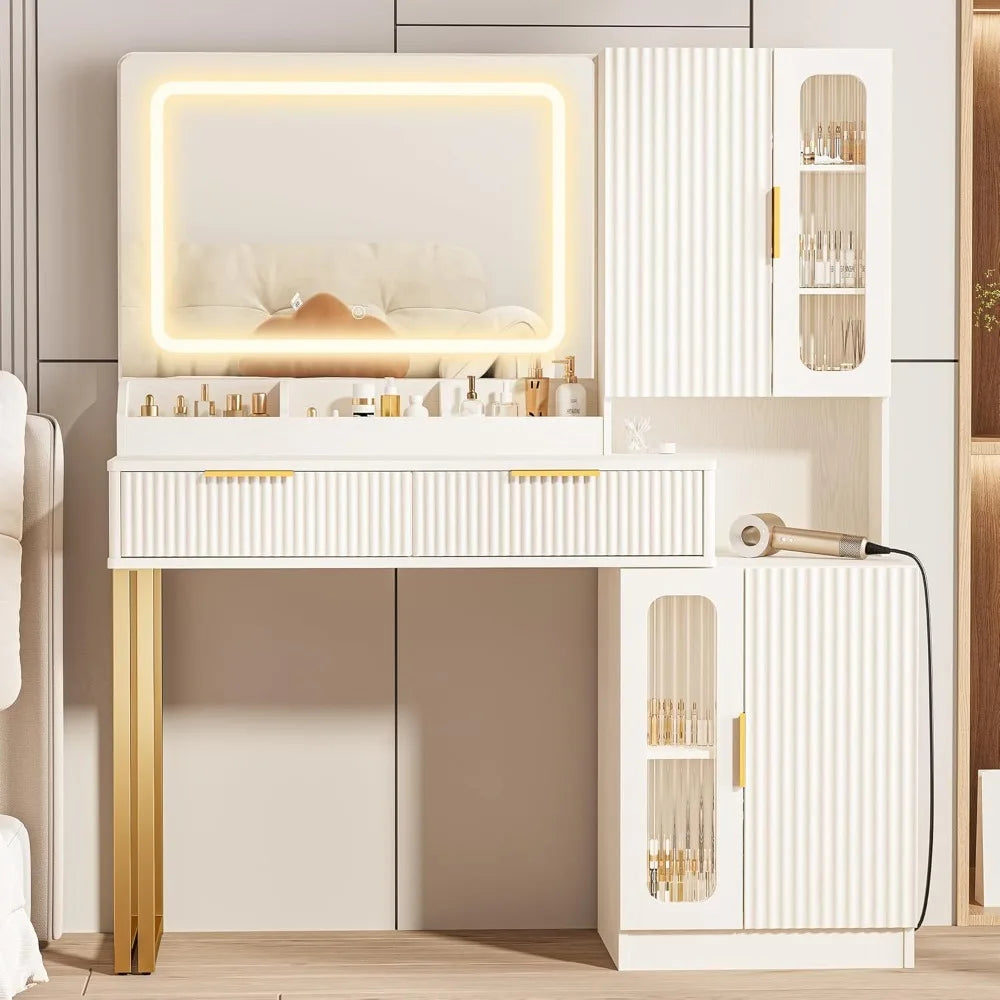 45" Modern Makeup Vanity Desk with Mirror and Lights, Makeup Vanity with 5 Shelves& 2 Drawers and Cabinet, Vanity Table