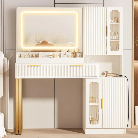 45" Modern Makeup Vanity Desk with Mirror and Lights, Makeup Vanity with 5 Shelves& 2 Drawers and Cabinet, Vanity Table