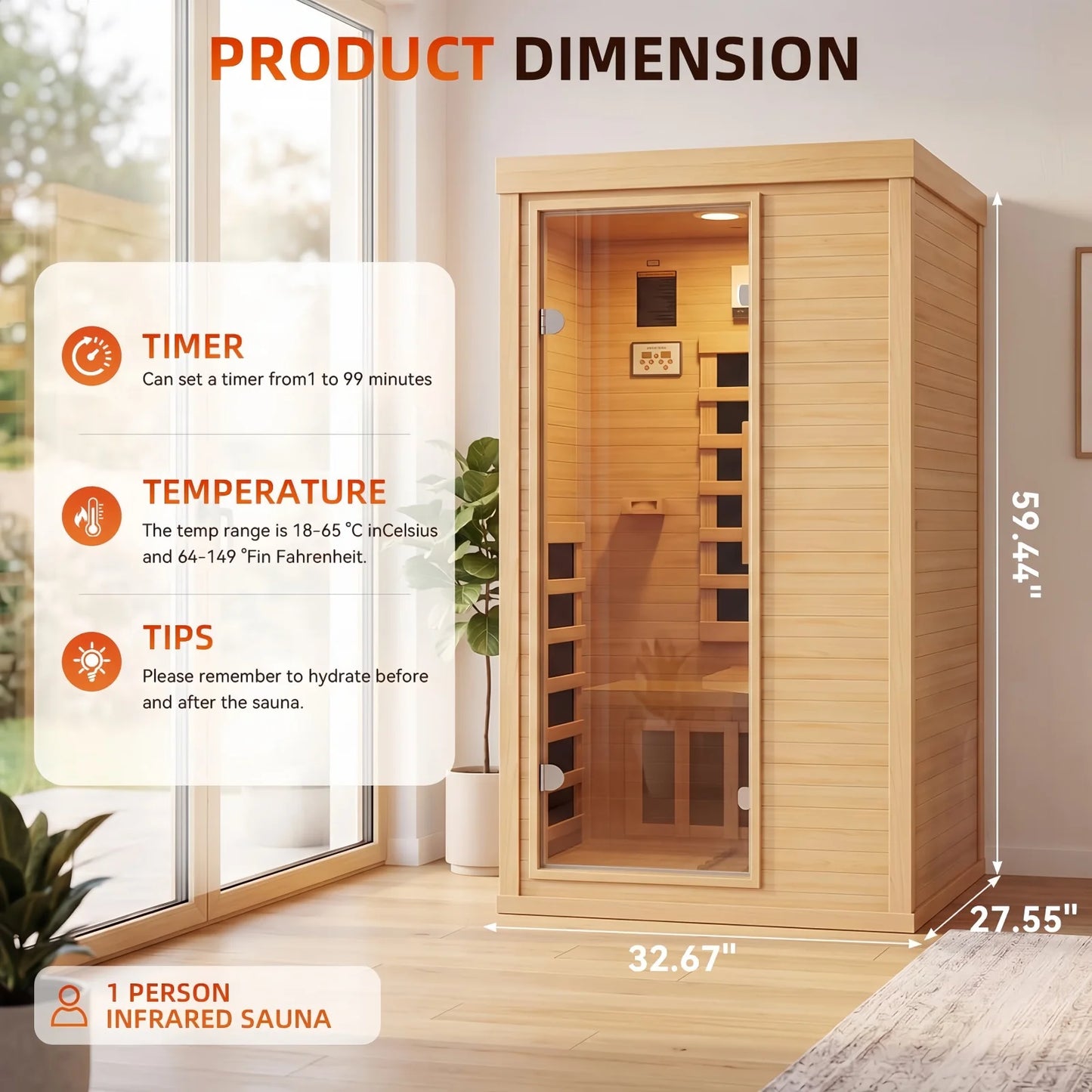 Nordivale 1 Person Wood Infrared Sauna With Bluetooth Control Panel