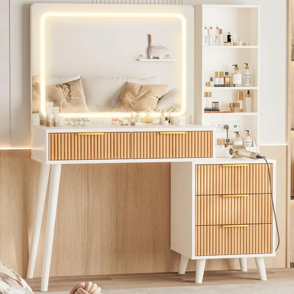 45" Modern Makeup Vanity Desk with Mirror and Lights, Makeup Vanity with 5 Shelves& 2 Drawers and Cabinet, Vanity Table