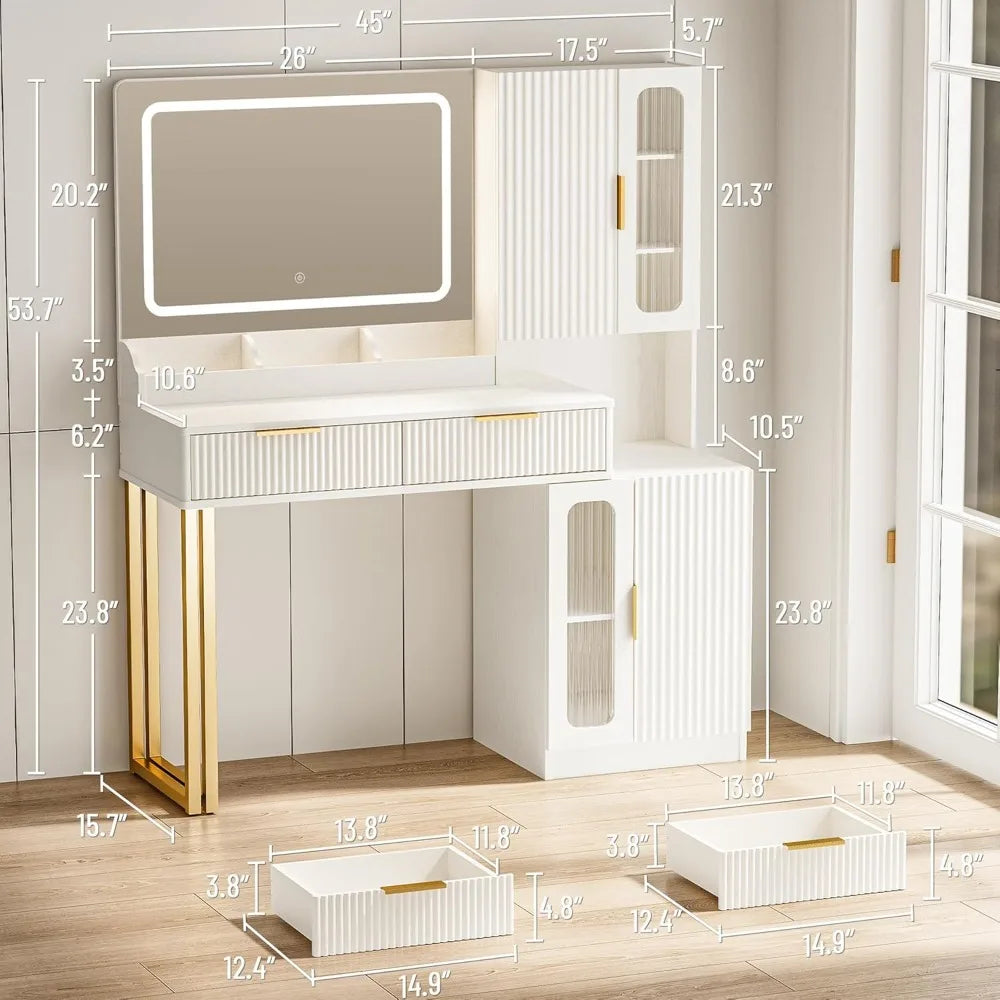 45" Modern Makeup Vanity Desk with Mirror and Lights, Makeup Vanity with 5 Shelves& 2 Drawers and Cabinet, Vanity Table