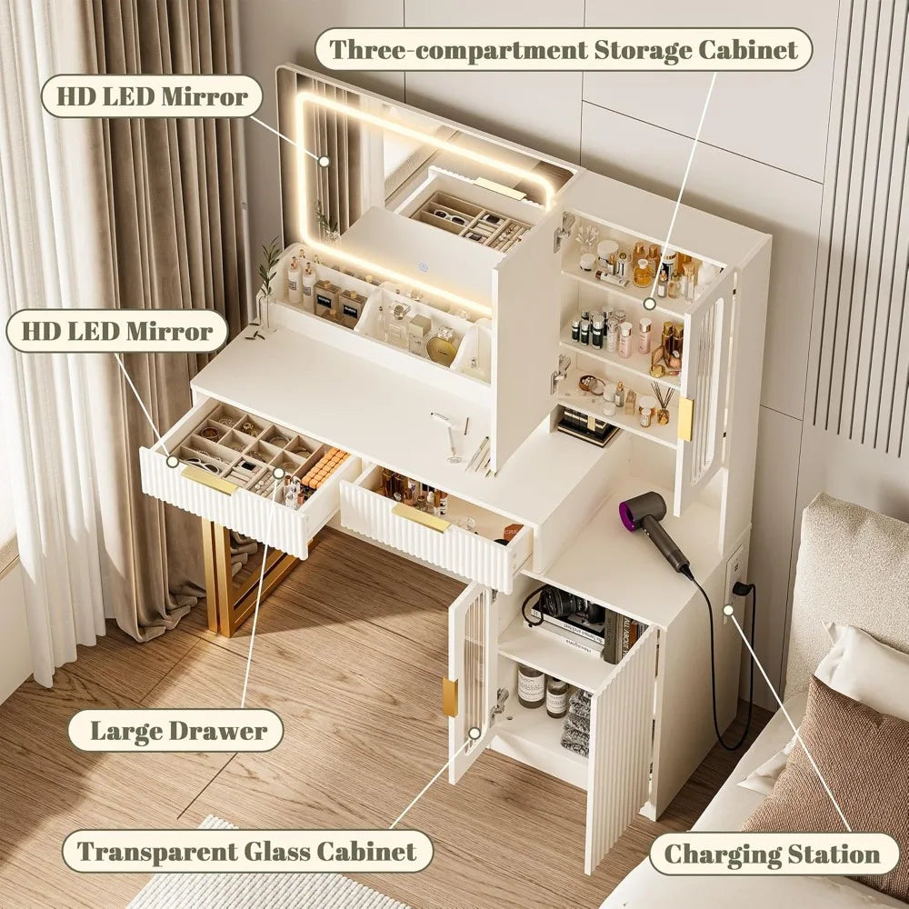 45" Modern Makeup Vanity Desk with Mirror and Lights, Makeup Vanity with 5 Shelves& 2 Drawers and Cabinet, Vanity Table