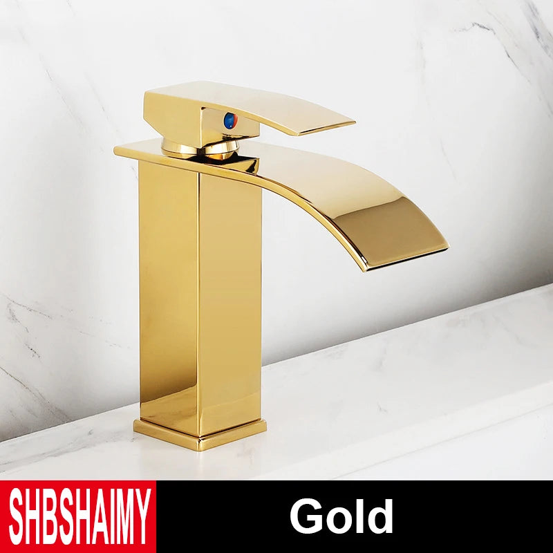 Brushed Gold Bathroom Basin Faucet Deck Mounted Waterfall Sink Faucet Cold Hot Water Mixer Single Handle Single Hole Water Taps