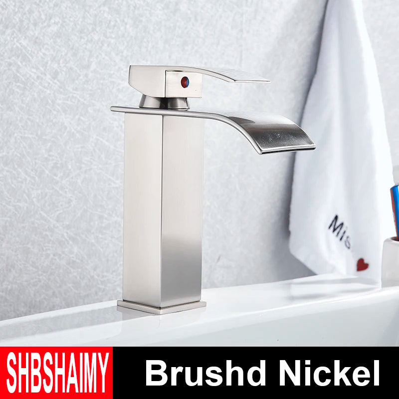 Brushed Gold Bathroom Basin Faucet Deck Mounted Waterfall Sink Faucet Cold Hot Water Mixer Single Handle Single Hole Water Taps