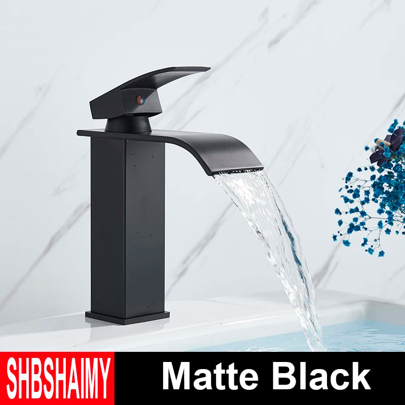 Brushed Gold Bathroom Basin Faucet Deck Mounted Waterfall Sink Faucet Cold Hot Water Mixer Single Handle Single Hole Water Taps