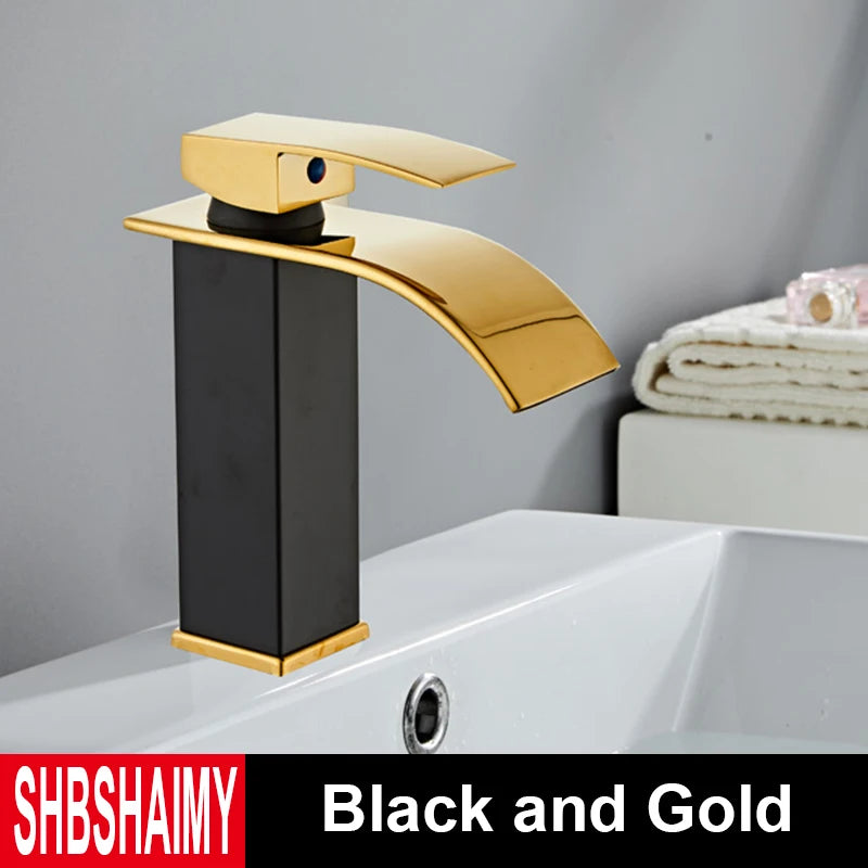 Brushed Gold Bathroom Basin Faucet Deck Mounted Waterfall Sink Faucet Cold Hot Water Mixer Single Handle Single Hole Water Taps