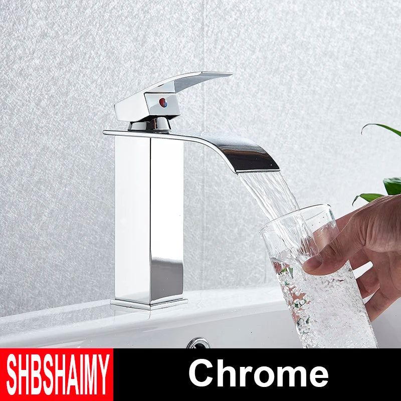Brushed Gold Bathroom Basin Faucet Deck Mounted Waterfall Sink Faucet Cold Hot Water Mixer Single Handle Single Hole Water Taps