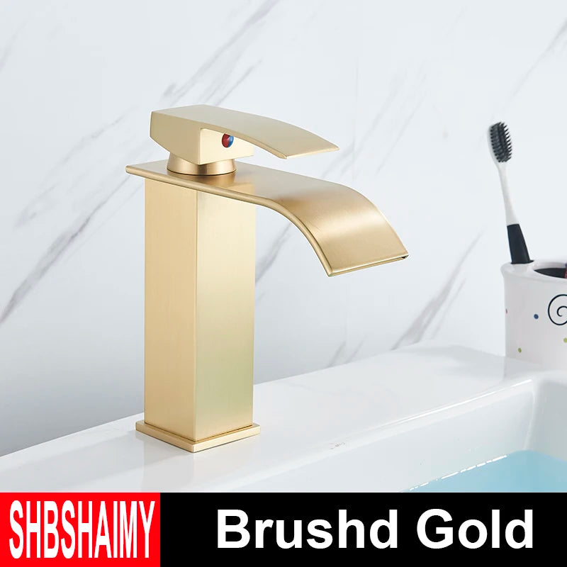 Brushed Gold Bathroom Basin Faucet Deck Mounted Waterfall Sink Faucet Cold Hot Water Mixer Single Handle Single Hole Water Taps