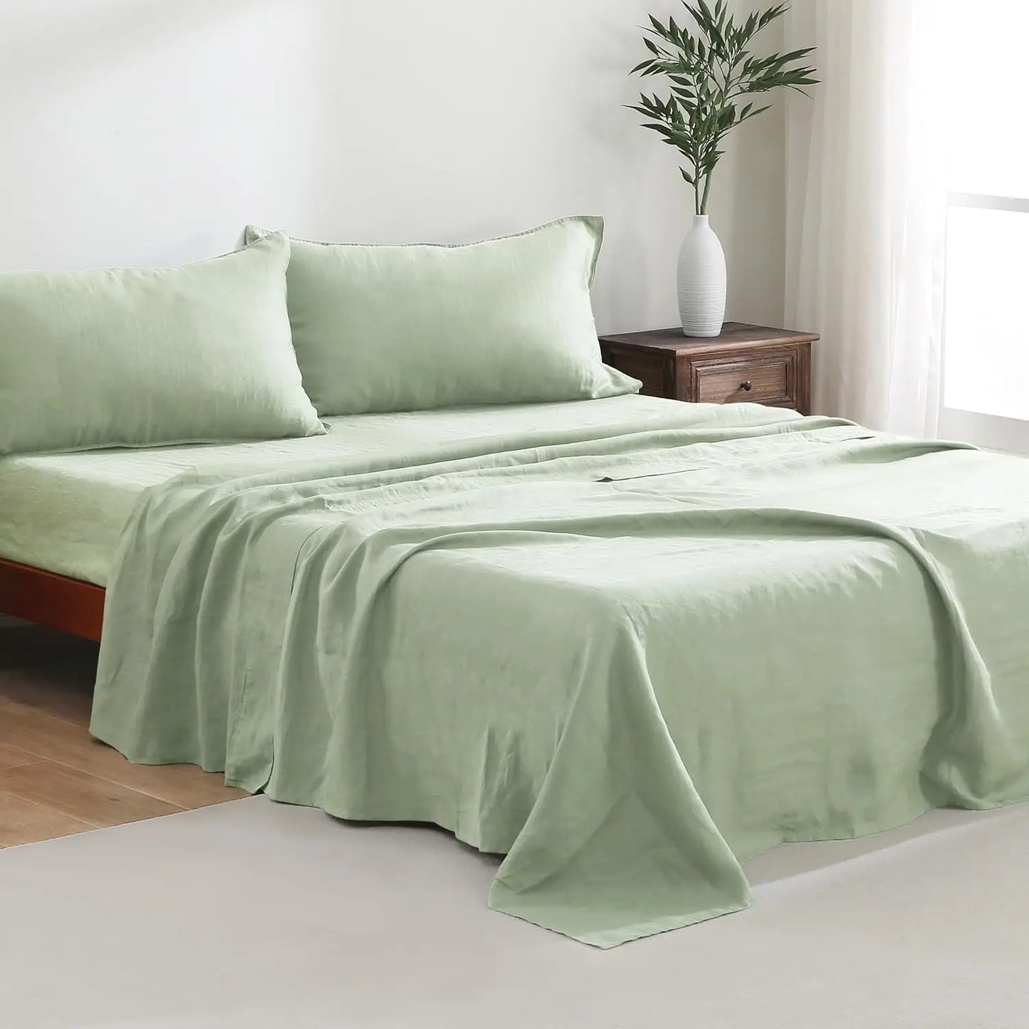 100% French Linen Sheets Set King Size-4Pcs Natural Washed Flax Bed Sheets Soft Breathable and Durable- 1 Flat Sheet 1 Fitted Sh
