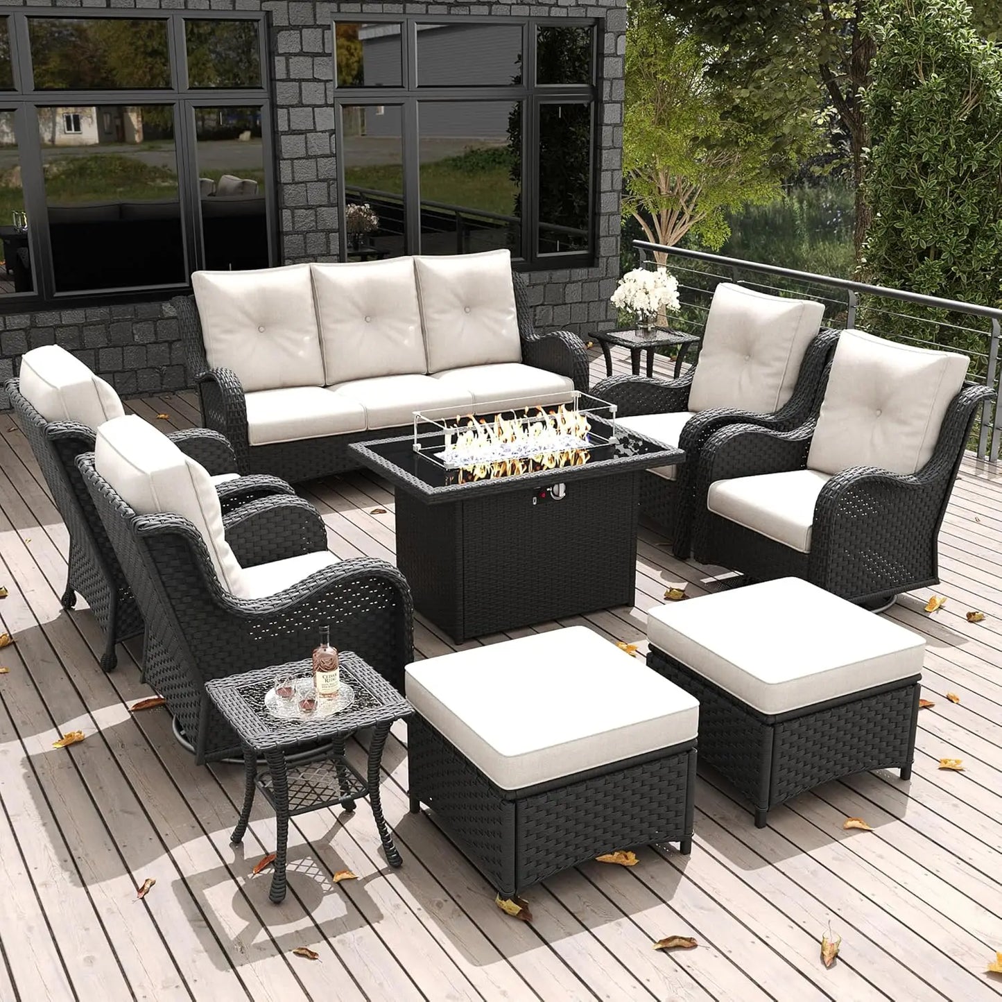 10 Pieces Outdoor Patio Furniture Set with Fire Pit Table, Rattan Wicker Sectional Swivel Rocker Chairs Sets with, Customized