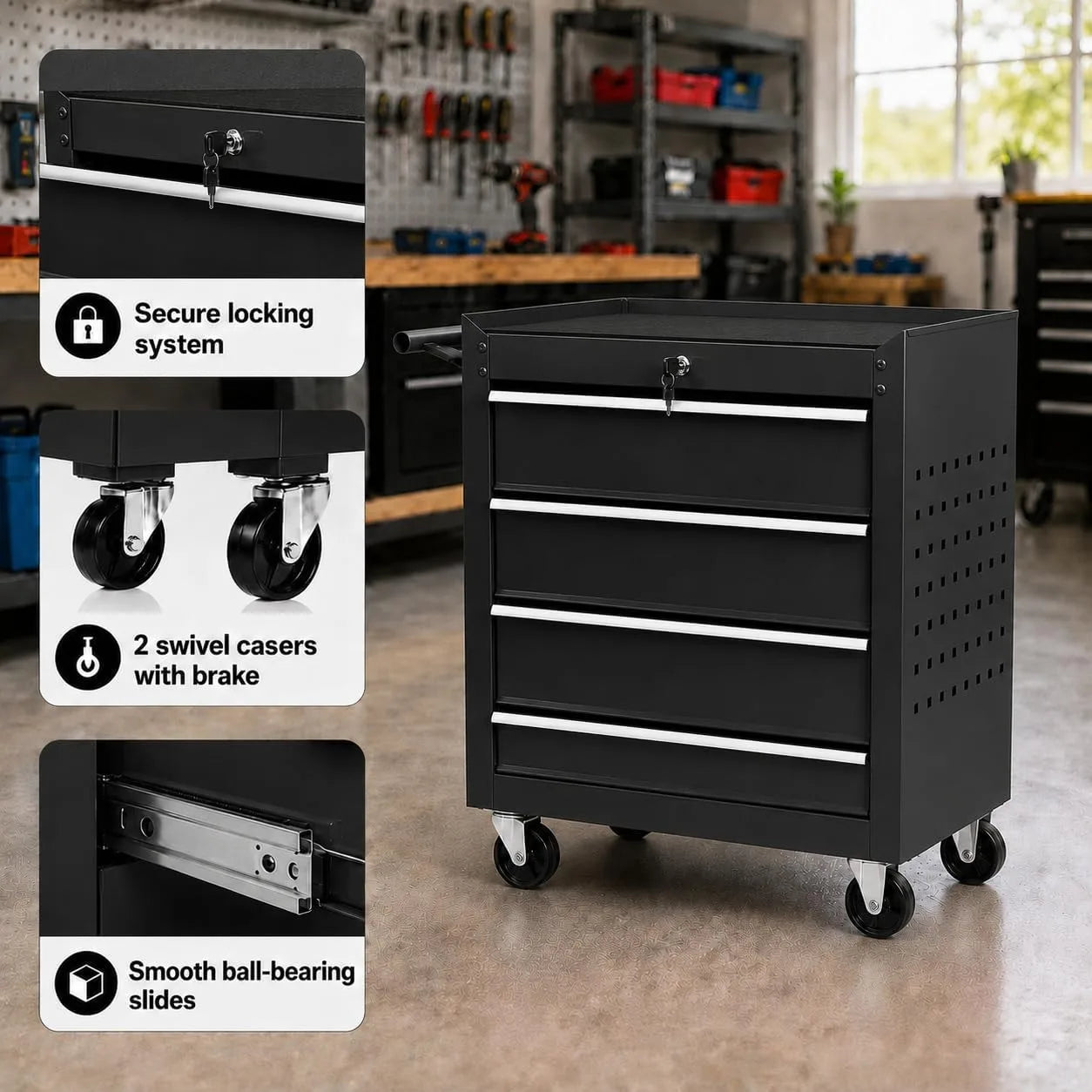 4 Drawer Rolling Tool Chest Portable Carbon Steel Storage Organizer
