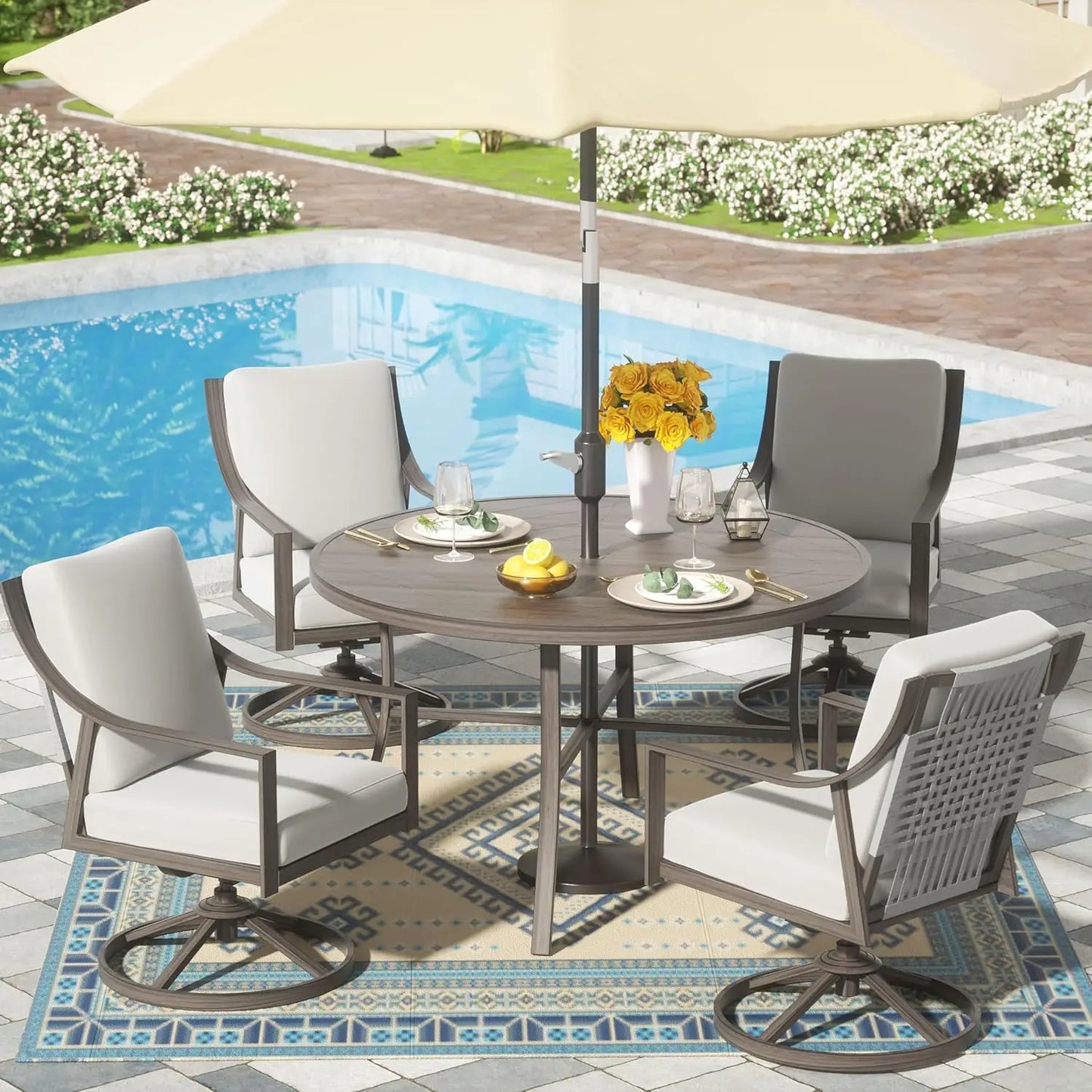 5-Piece Outdoor Patio Dining Set, 4pcs Patio Swivel Rocking Chairs and 38’’ Round Dining Table with 1.65’’ Umbrella, Customized