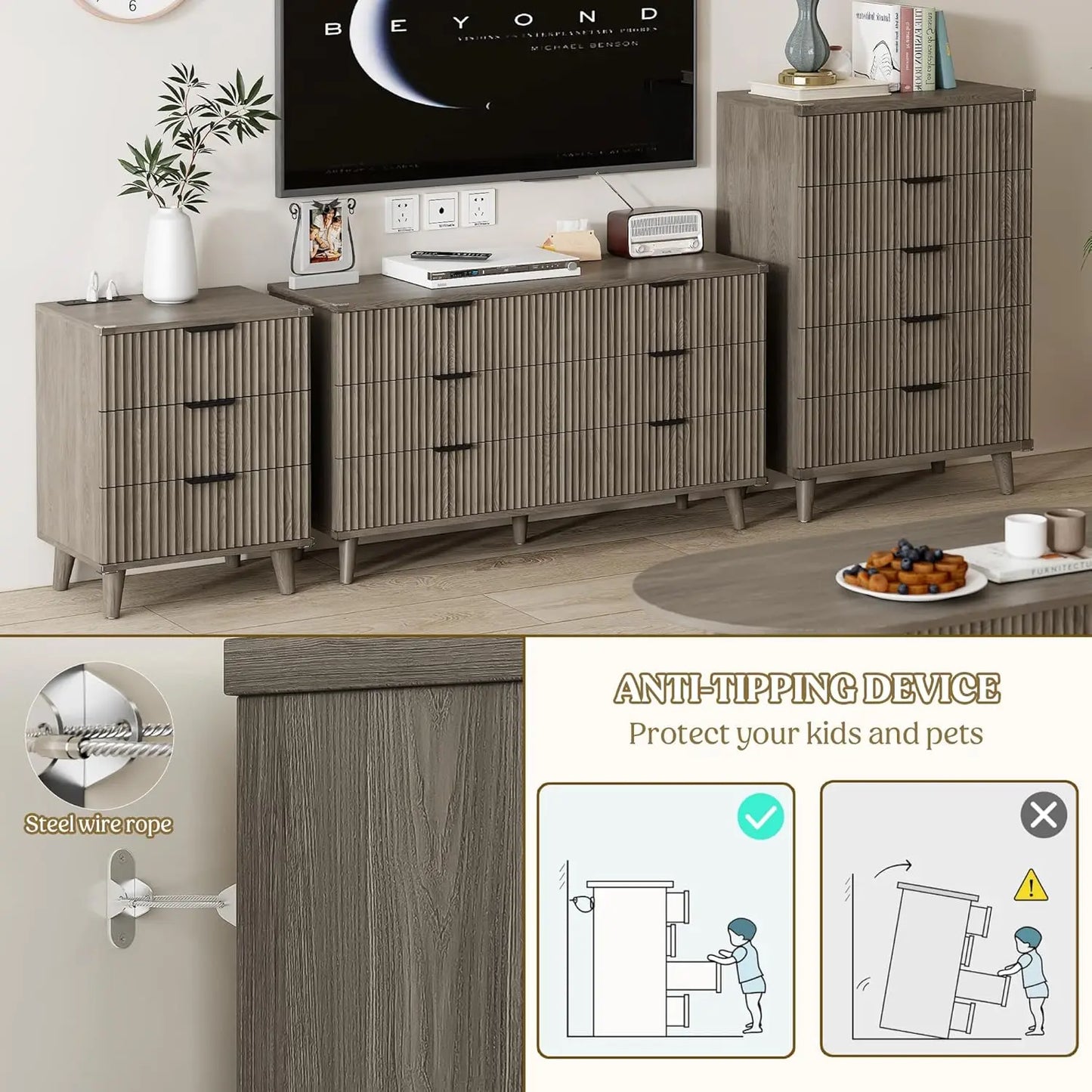 6-Drawer Fluted Wood Dresser Storage Organizer for Bedroom Living Room Closet Hallway 53.2in Dark Grey Oak, Customized