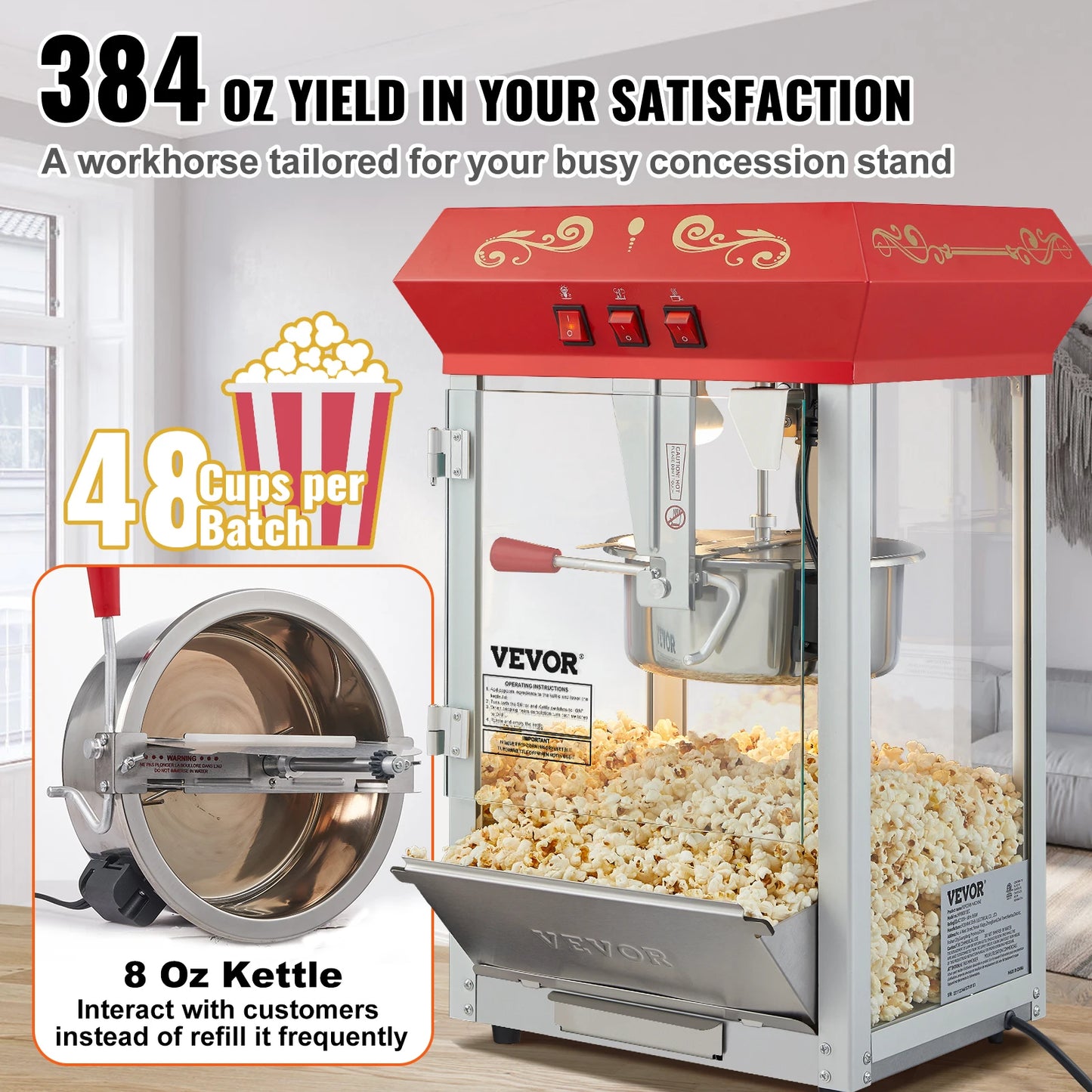 SucceBuy Commercial Electric Popcorn Maker Automatic Stainless Steel Pot With Scoop