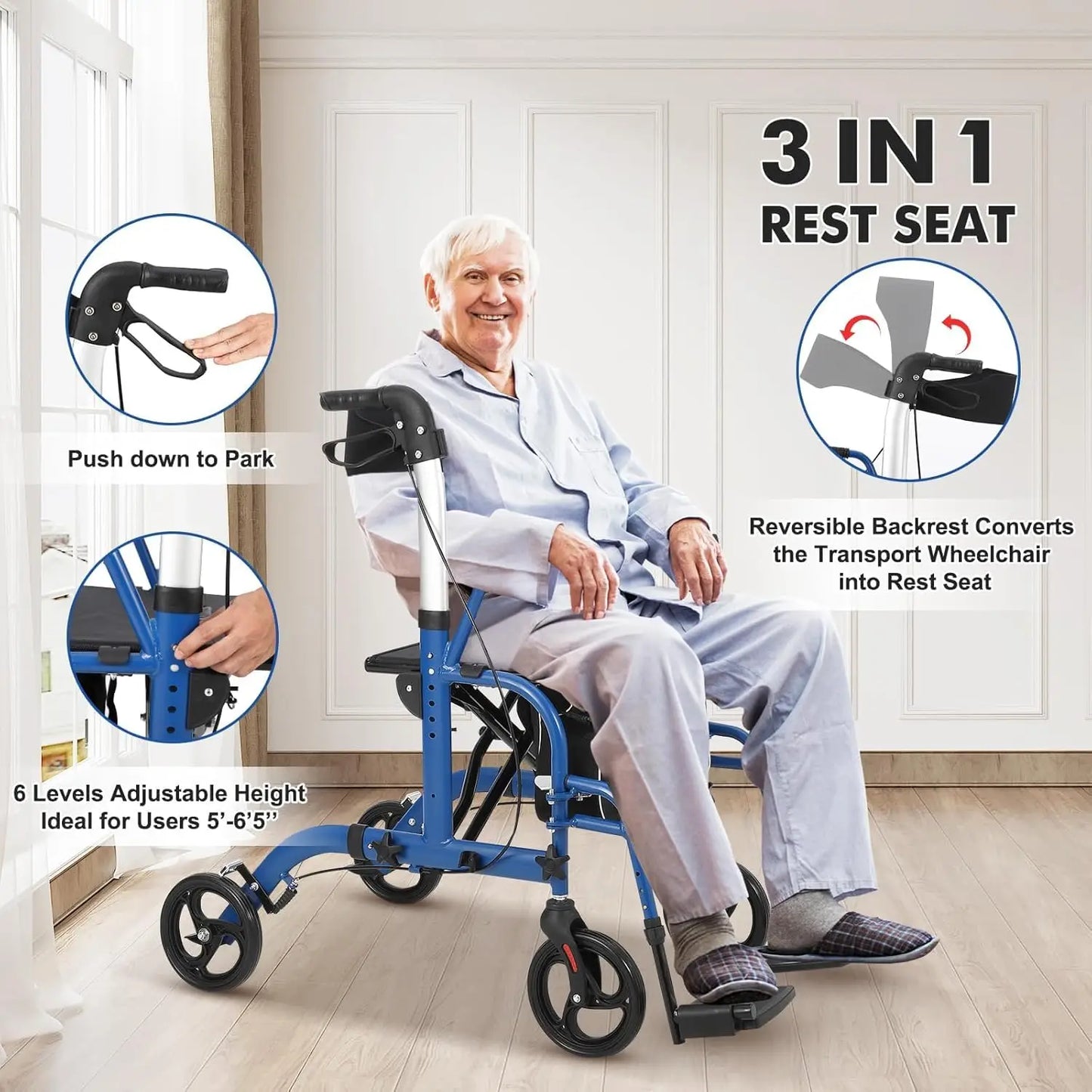 All Terrain Walkers for Seniors, Rollator Walker with Seat Foldable Aluminum Walkers with Backrest, Adjustable Height for Adults