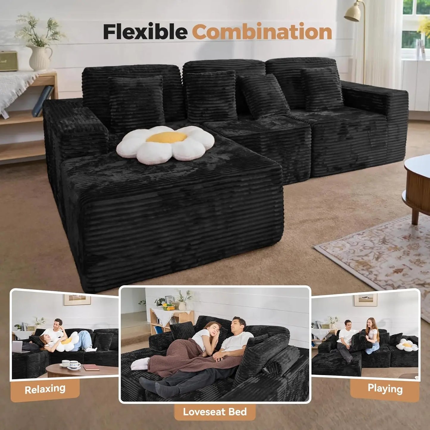 111‘’ Modular Sectional Cloud Couches with L Shaped Chaise, Upholstered Deep Seat Boneless Sofa for Living Room,, Customized