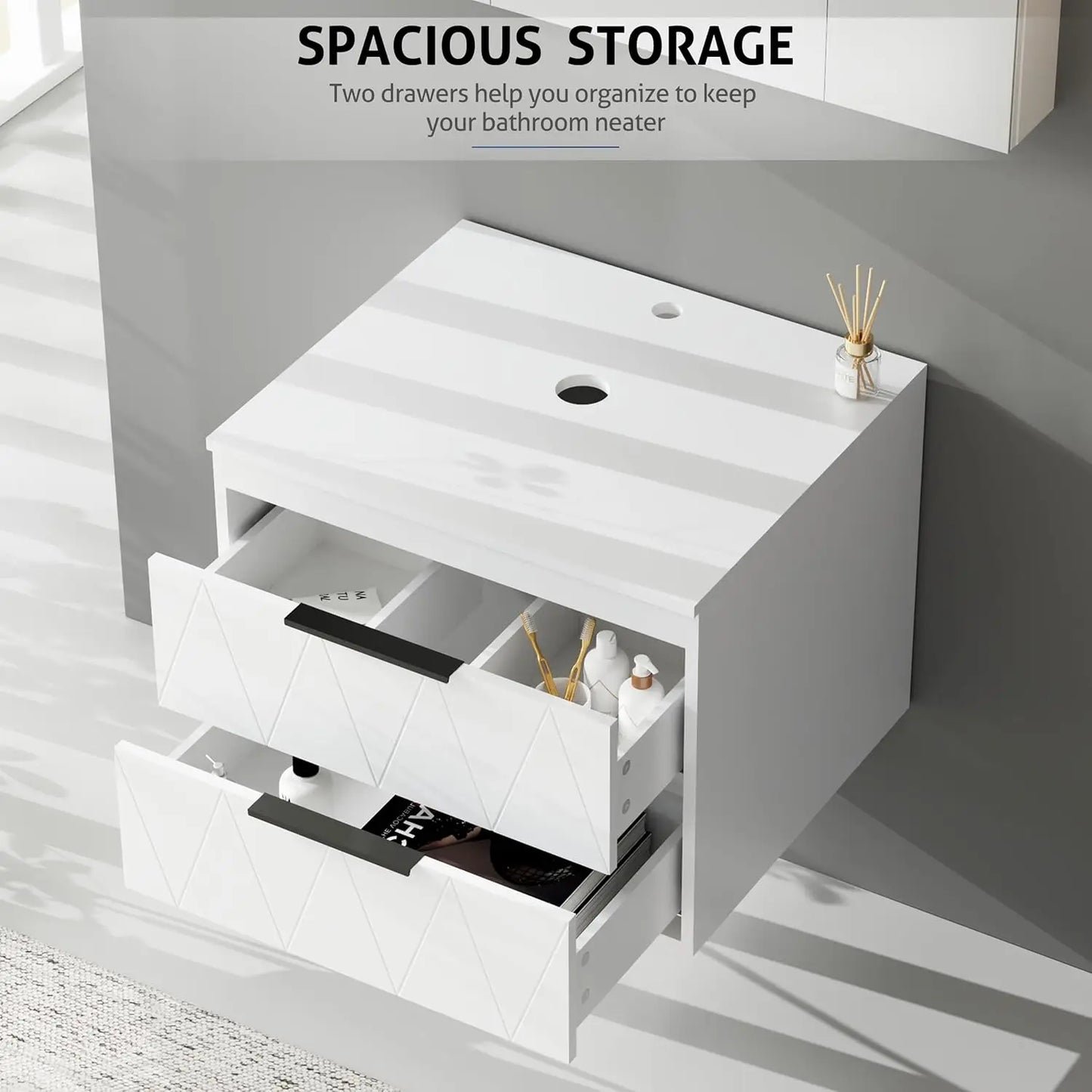 24" Wall Mounted Bathroom Vanity Combo Modern Cabinet Ceramic Vessel Sink Water Save Faucet Pop Up Drain White Customized