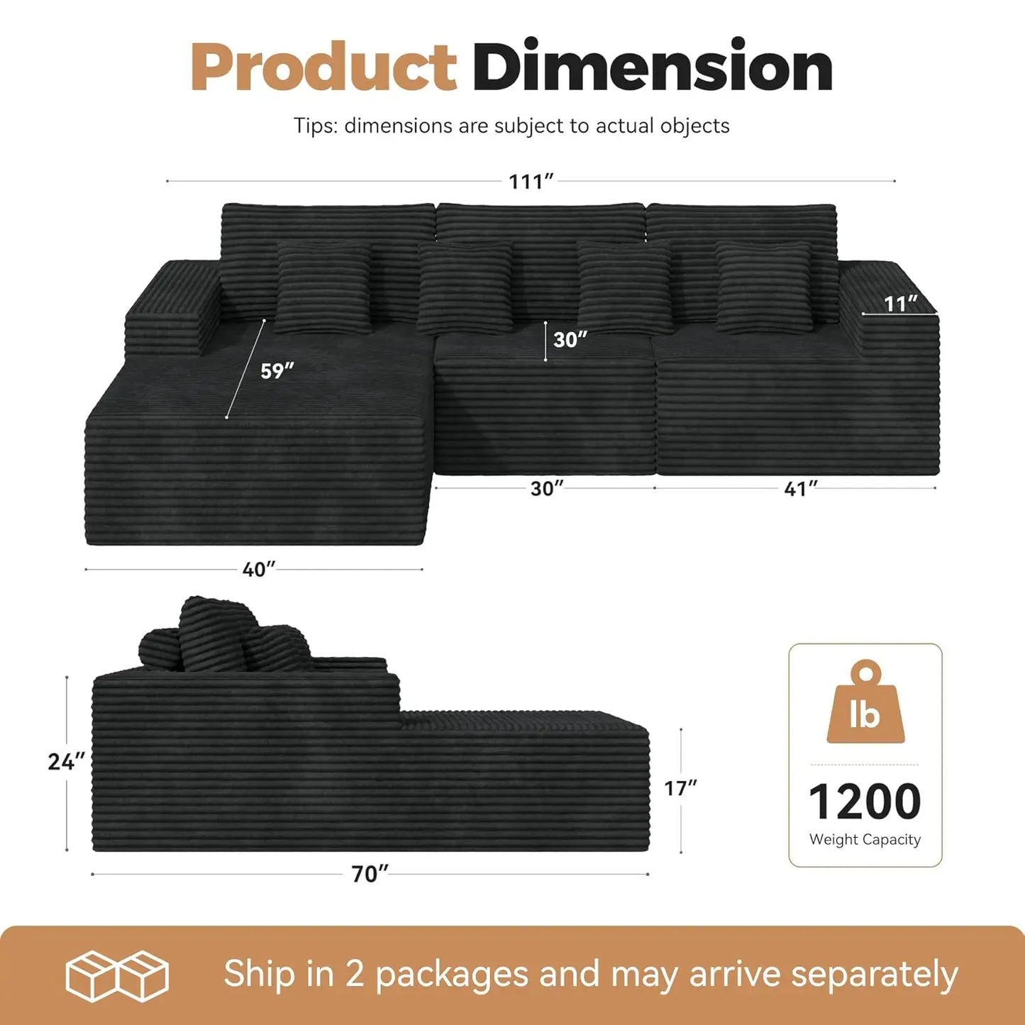 111‘’ Modular Sectional Cloud Couches with L Shaped Chaise, Upholstered Deep Seat Boneless Sofa for Living Room,, Customized