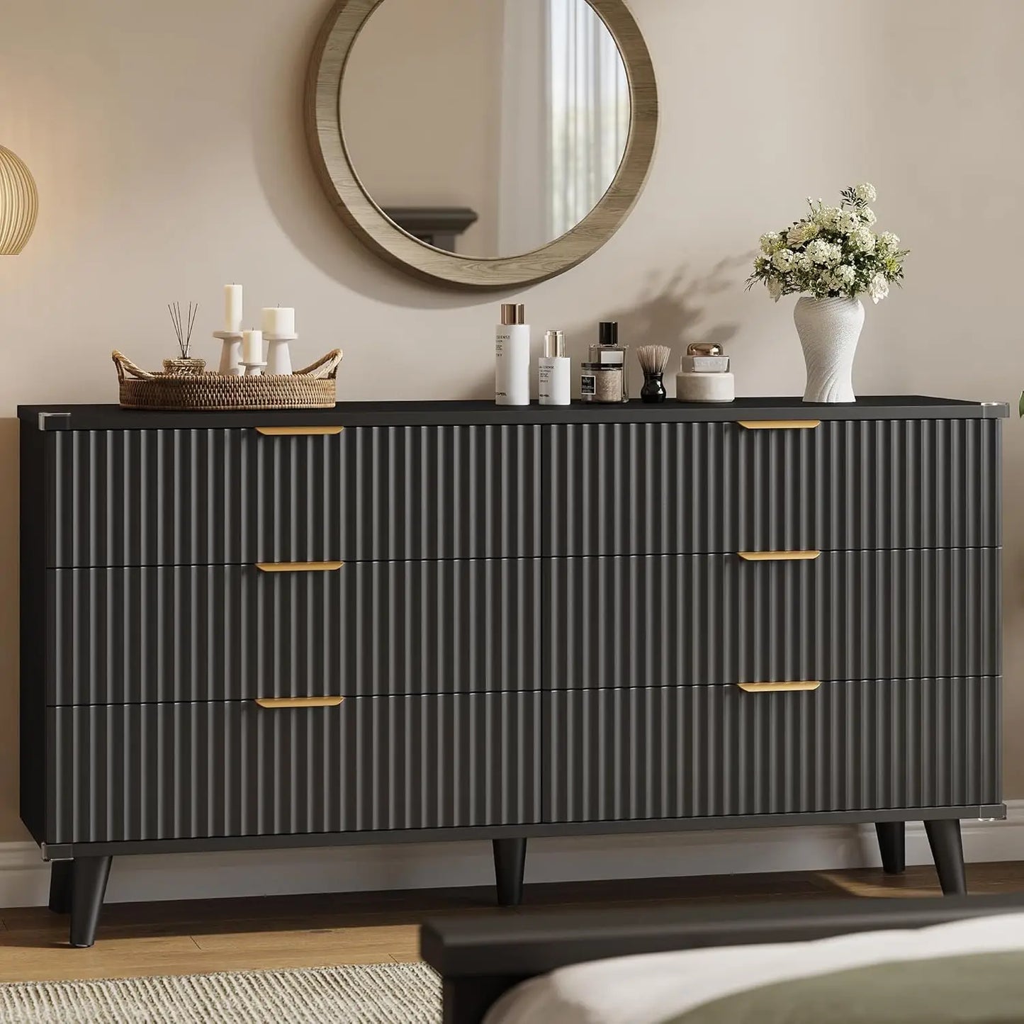 6-Drawer Fluted Wood Dresser Storage Organizer for Bedroom Living Room Closet Hallway 53.2in Dark Grey Oak, Customized
