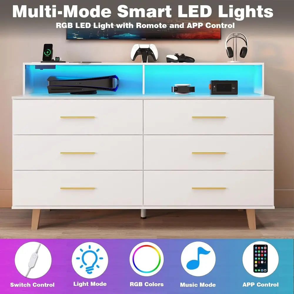 6 Drawer Dresser with LED Light and Power Outlet, Wooden White Dressers for Bedroom and Chests of Drawers, Large Double Dressers