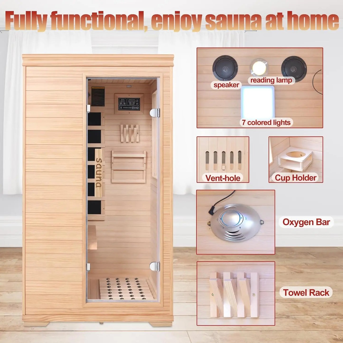 1-Person Low EMF Far Infrared Sauna for Home Use, 1050W Canadian Hemlock Wood Sauna with Bluetooth Music & Color, Customized