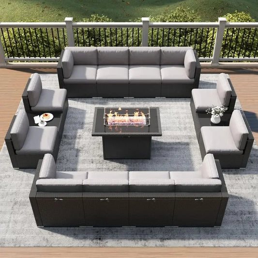 Outdoor Patio Furniture Set With Fire Pit Table And Wicker Sectional Sofa