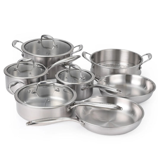 3 Ply Stainless Steel 11-Piece Cookware Set with Lids, Pots and Pans Kitchen Set,Frying Pans, Saute Pan & Stock Pot
