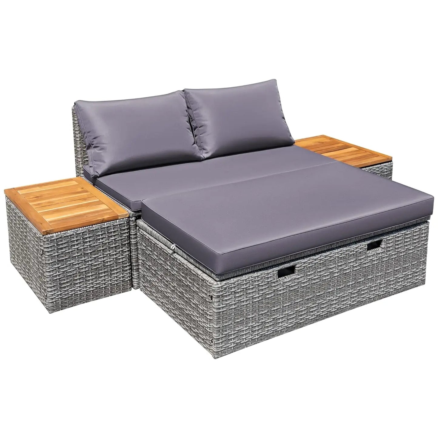 Guangbai Patio Day Bed Set Outdoor Rattan Lounge With Tables