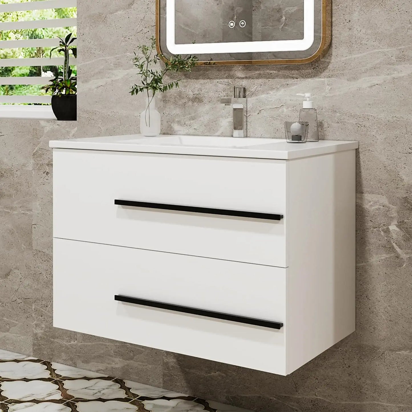 30 Inch Floating Bathroom Vanity - White Modern Wall Mounted Vanity with Sink, Soft-Close Two Drawers, Black, Customized