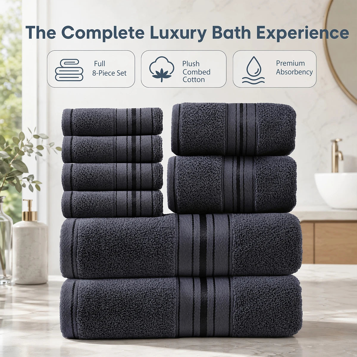 Eight Piece Luxury 100 Percent Cotton Towel Set Absorbent Bath