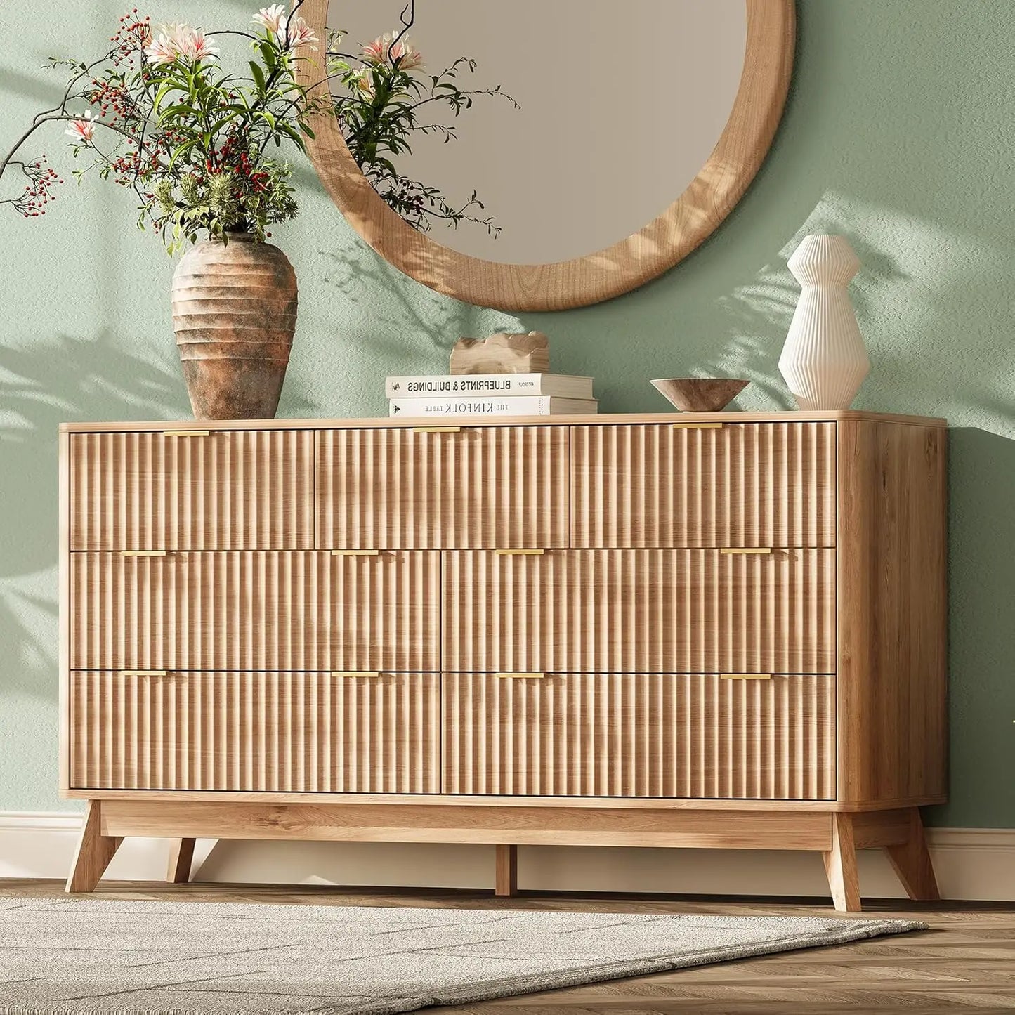 63'' Wide 9 Drawer Dresser Modern Fluted Vertical Chest Rounded Corners Bedroom Living Room Hallway Natural Wood, Customized