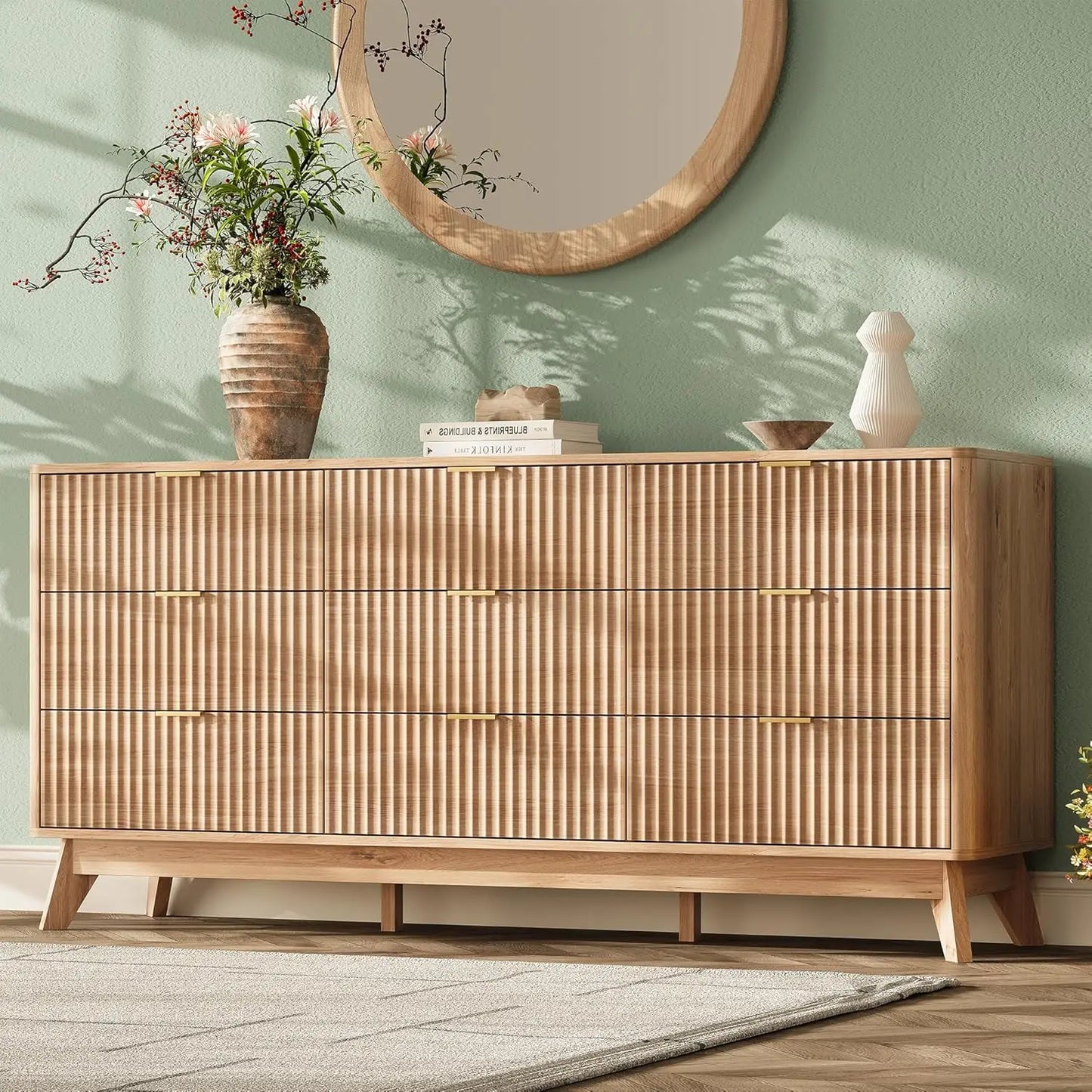 63'' Wide 9 Drawer Dresser Modern Fluted Vertical Chest Rounded Corners Bedroom Living Room Hallway Natural Wood, Customized
