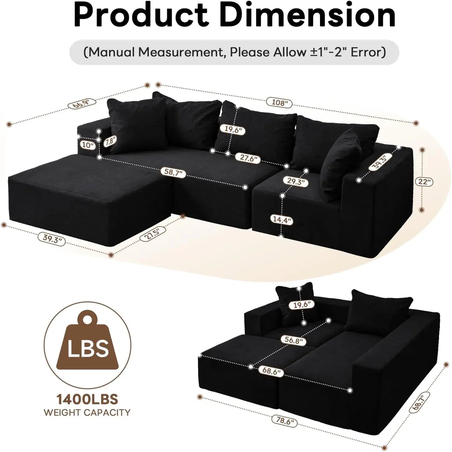 Modern L-Shaped Sectional Sofa with Deep Seat, No Assembly Required, Black - Perfect for Living Room, Bedroom, Office