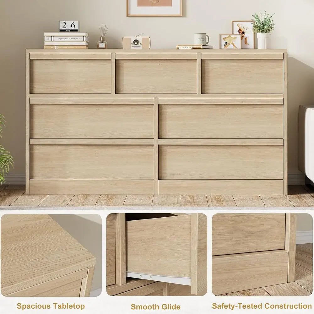 7 Drawer Dresser for Bedroom, 54in Wide Natural Oak 7 Chest of Drawers with Large Storage, Wooden Dresser Organizer for Living R