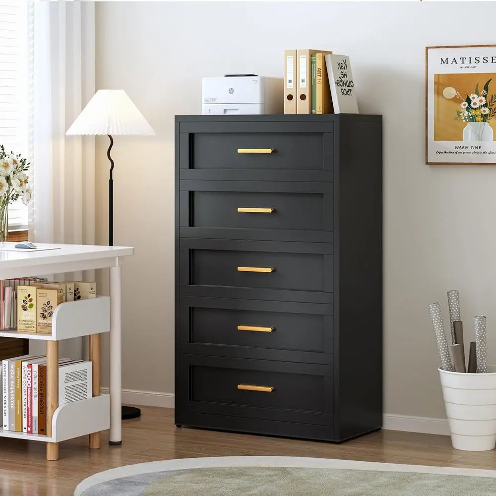 5-Drawer Metal Dresser or Bedroom, Tall Black and Gold Dresser or Closet, Metal Chest of Drawers or Living Room, Hallway, Office