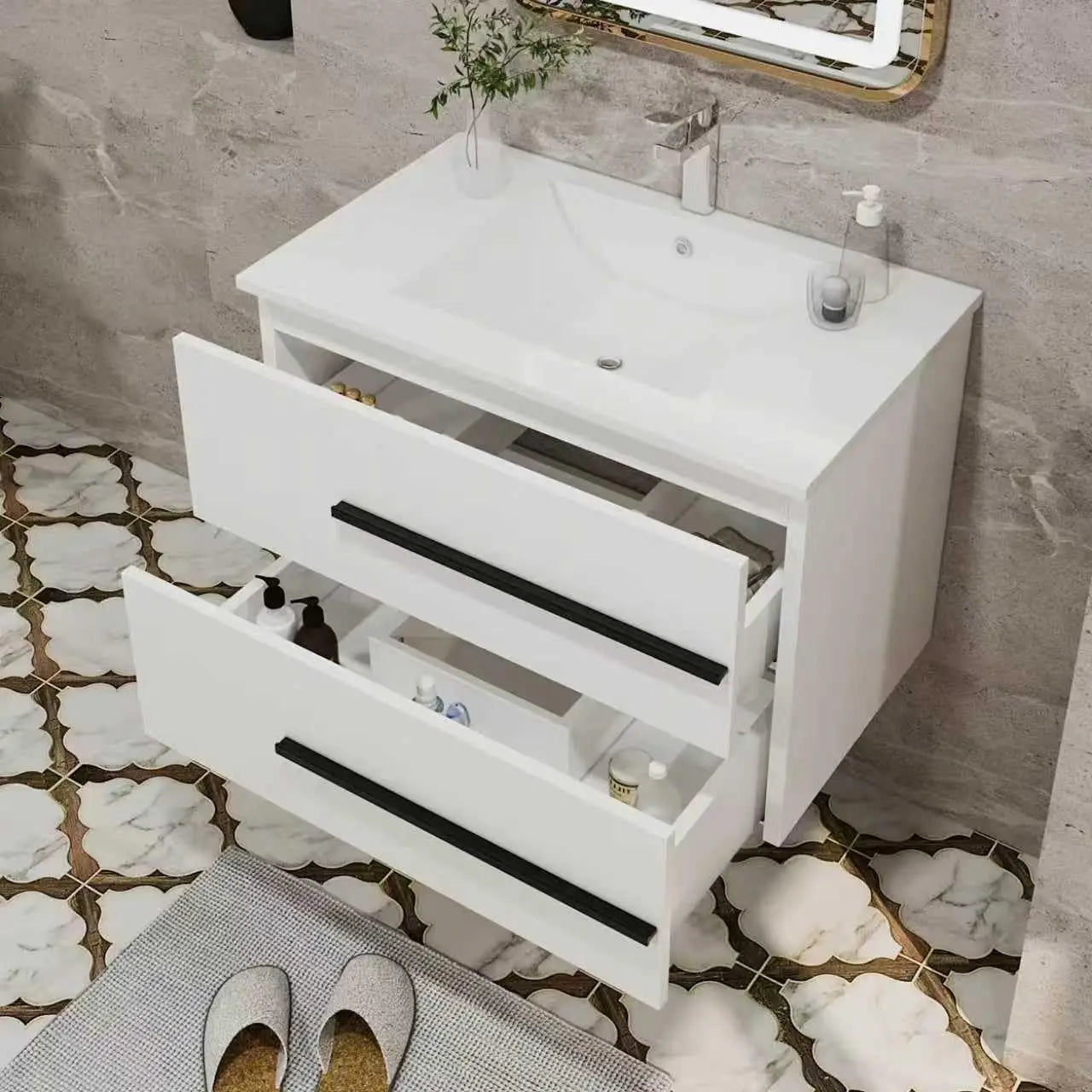 30 Inch Floating Bathroom Vanity - White Modern Wall Mounted Vanity with Sink, Soft-Close Two Drawers, Black, Customized