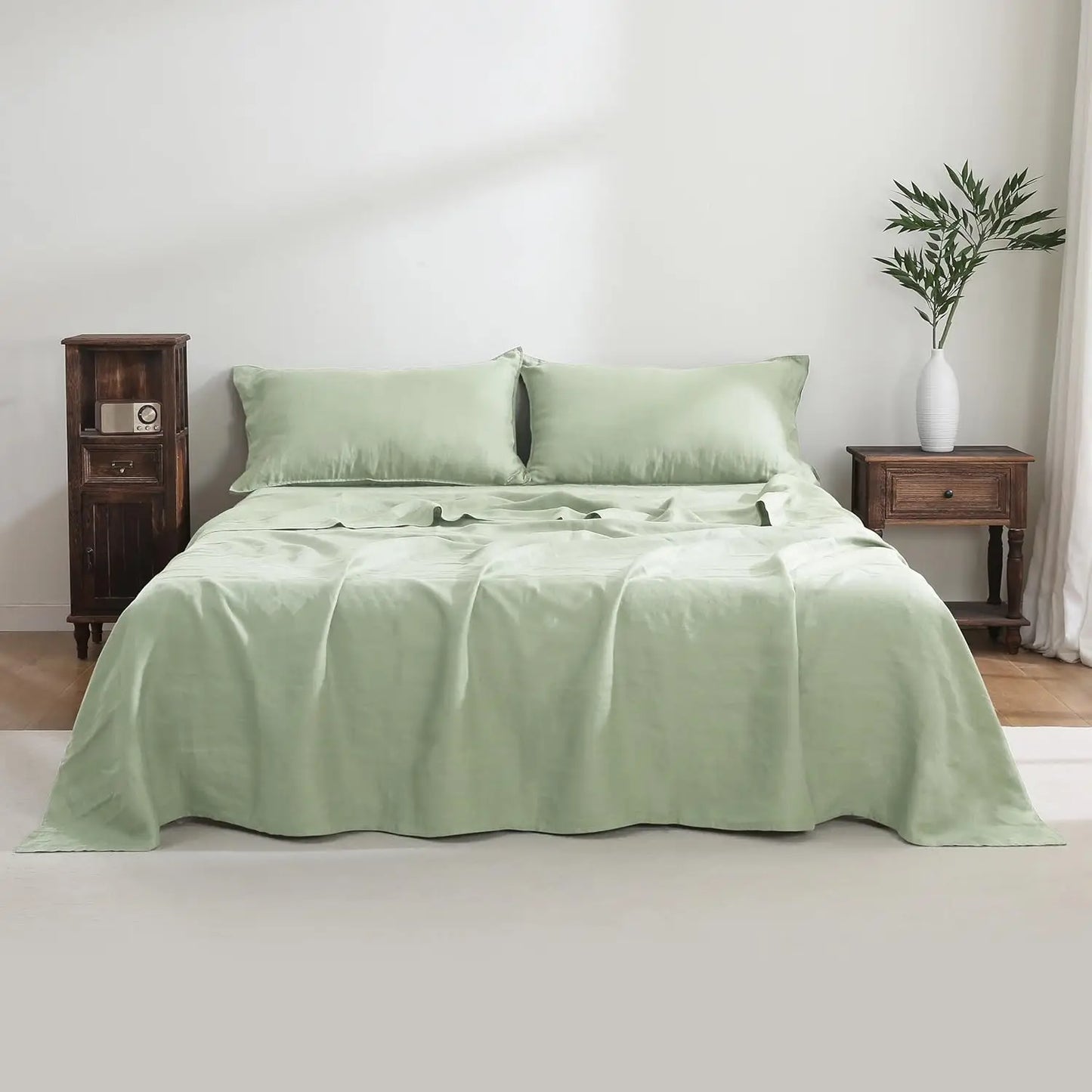 100% French Linen Sheets Set King Size-4Pcs Natural Washed Flax Bed Sheets Soft Breathable and Durable- 1 Flat Sheet 1 Fitted Sh