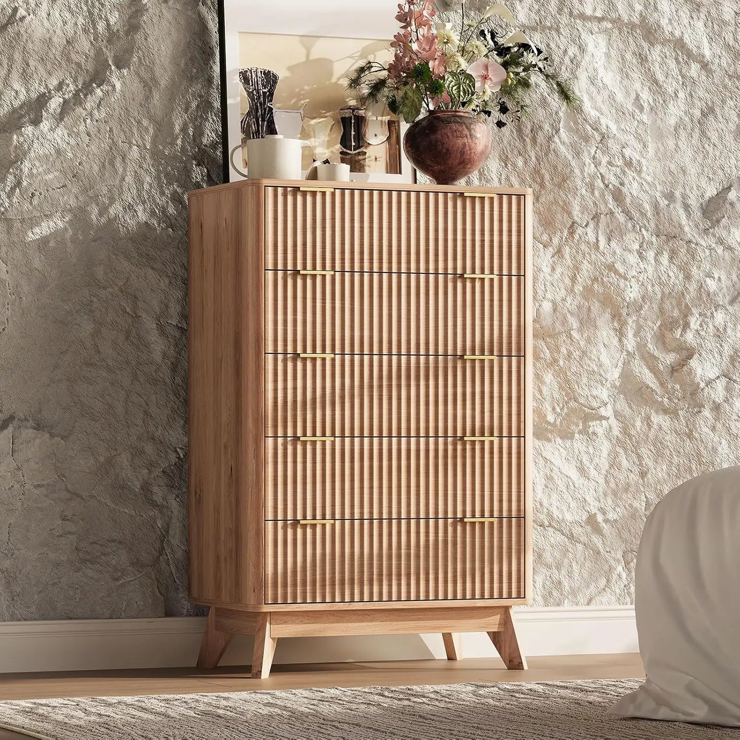 63'' Wide 9 Drawer Dresser Modern Fluted Vertical Chest Rounded Corners Bedroom Living Room Hallway Natural Wood, Customized