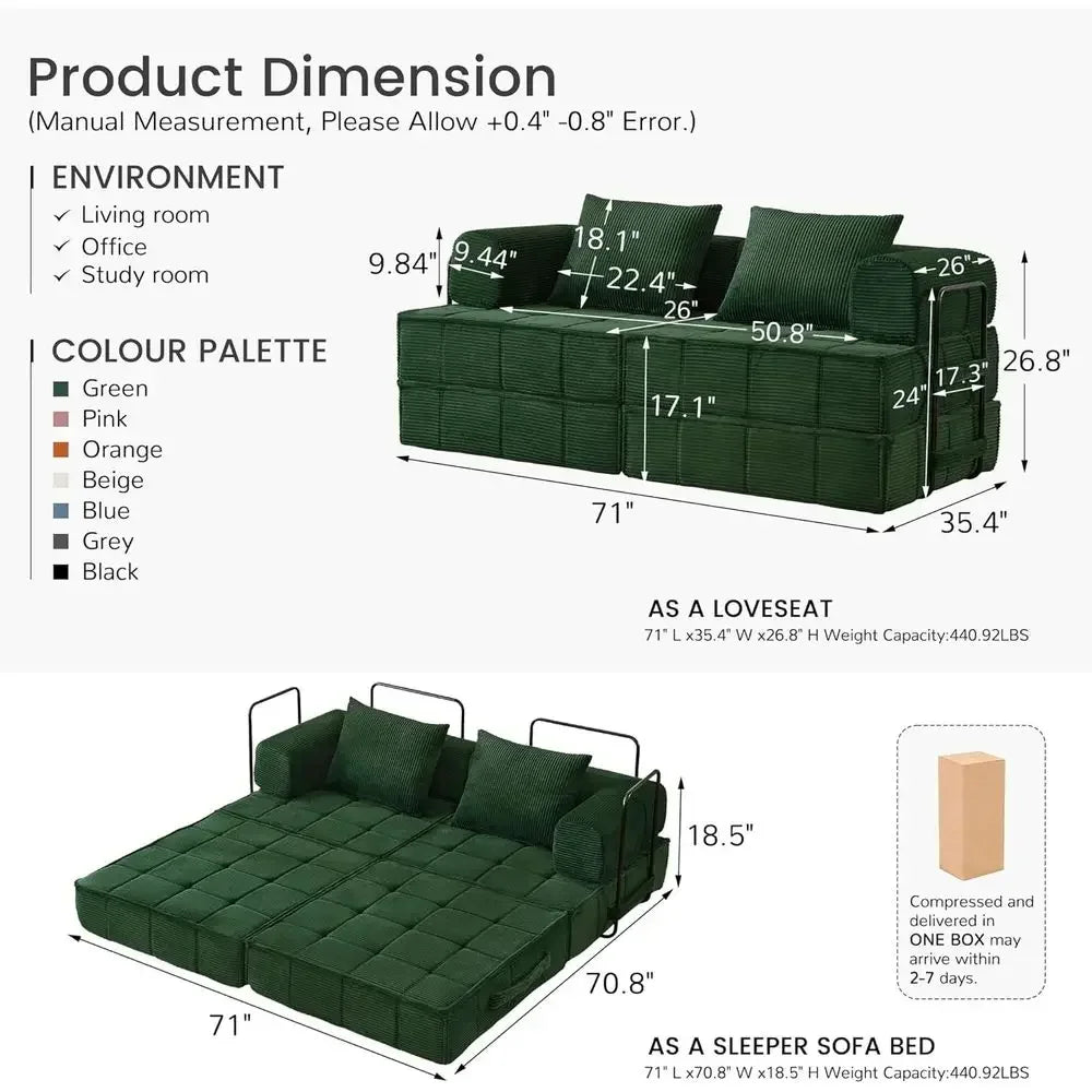 Corduroy 6-In-1 Convertible Sleeper Sofa Bed With Pillows