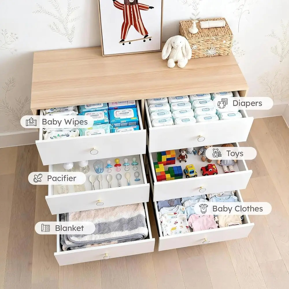 Solid Wood 6-Drawer Dresser for Bedroom, Suitable for Kids, with Storage and Baby Essentials
