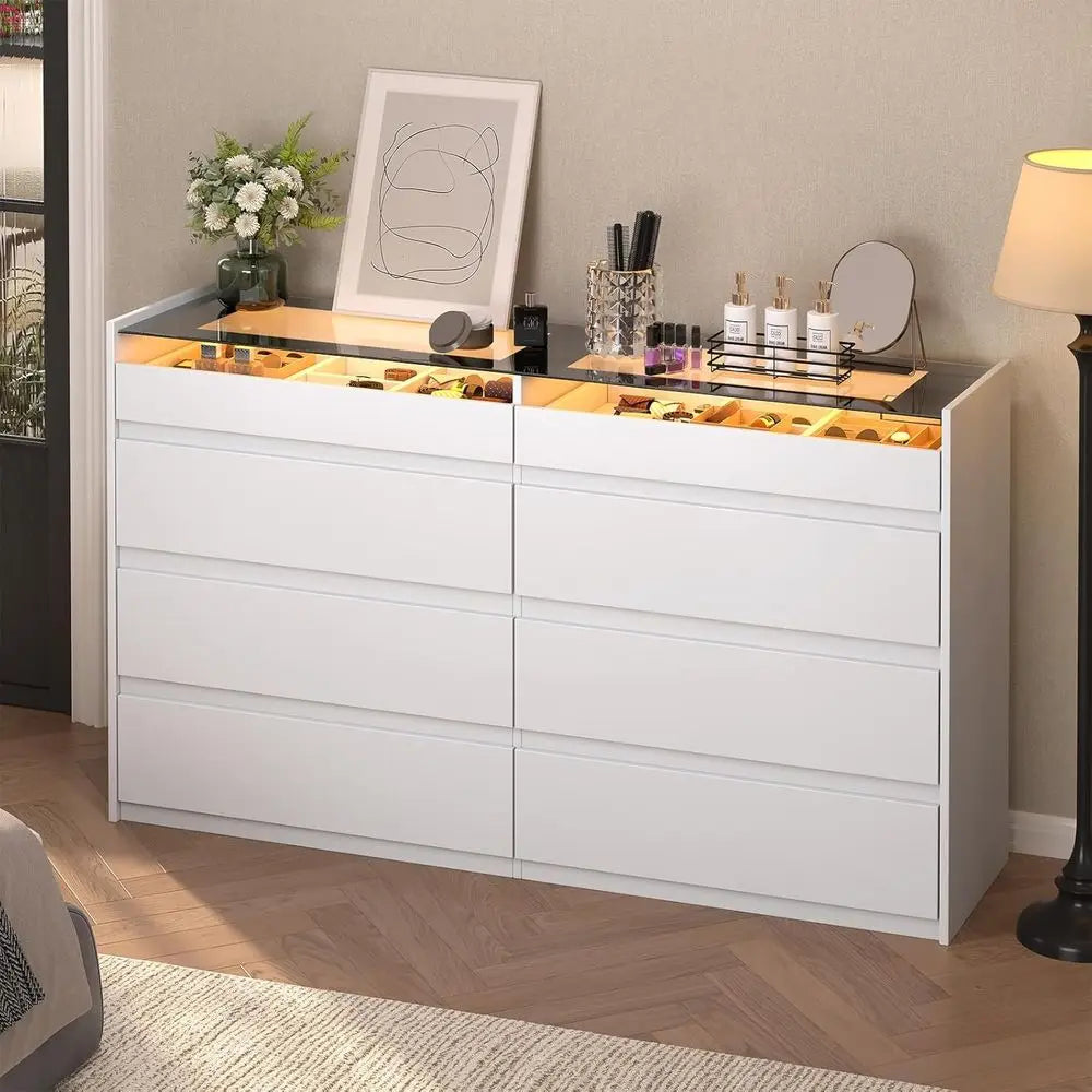 8-Drawer Dresser with Glass Top and LED Lighting for Bedroom, Storage, and Living Room