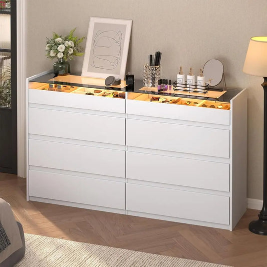 8-Drawer Dresser with Glass Top and LED Lighting for Bedroom, Storage, and Living Room