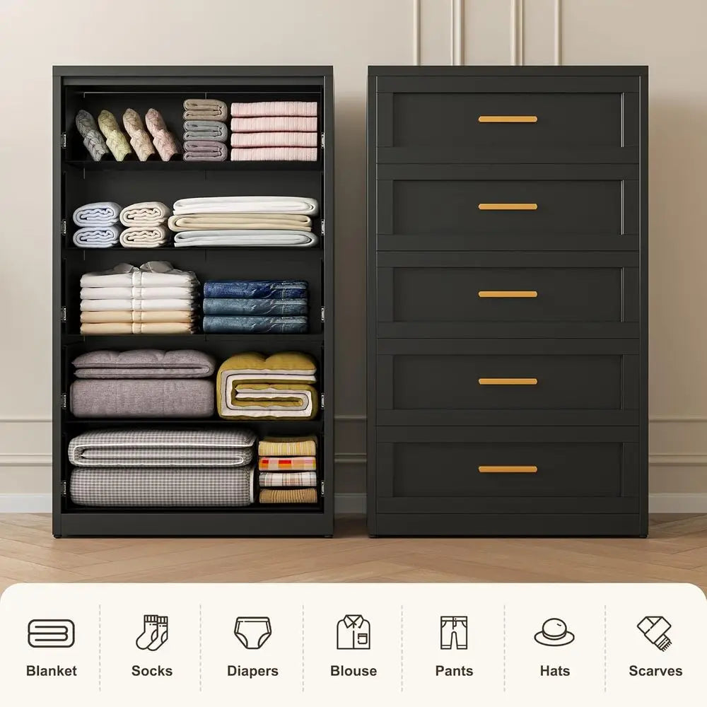 5-Drawer Metal Dresser or Bedroom, Tall Black and Gold Dresser or Closet, Metal Chest of Drawers or Living Room, Hallway, Office