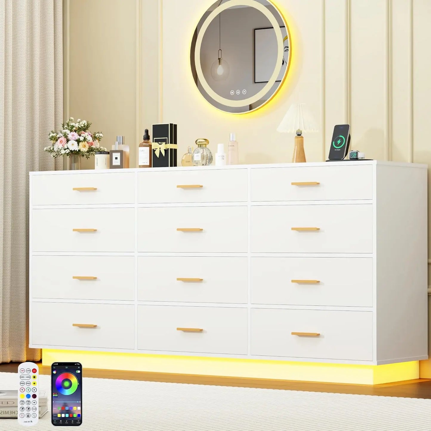 12 Drawer Dresser with Power Outlets LED Lights 63inch Tall Wood Storage for Bedroom Closet, Customized