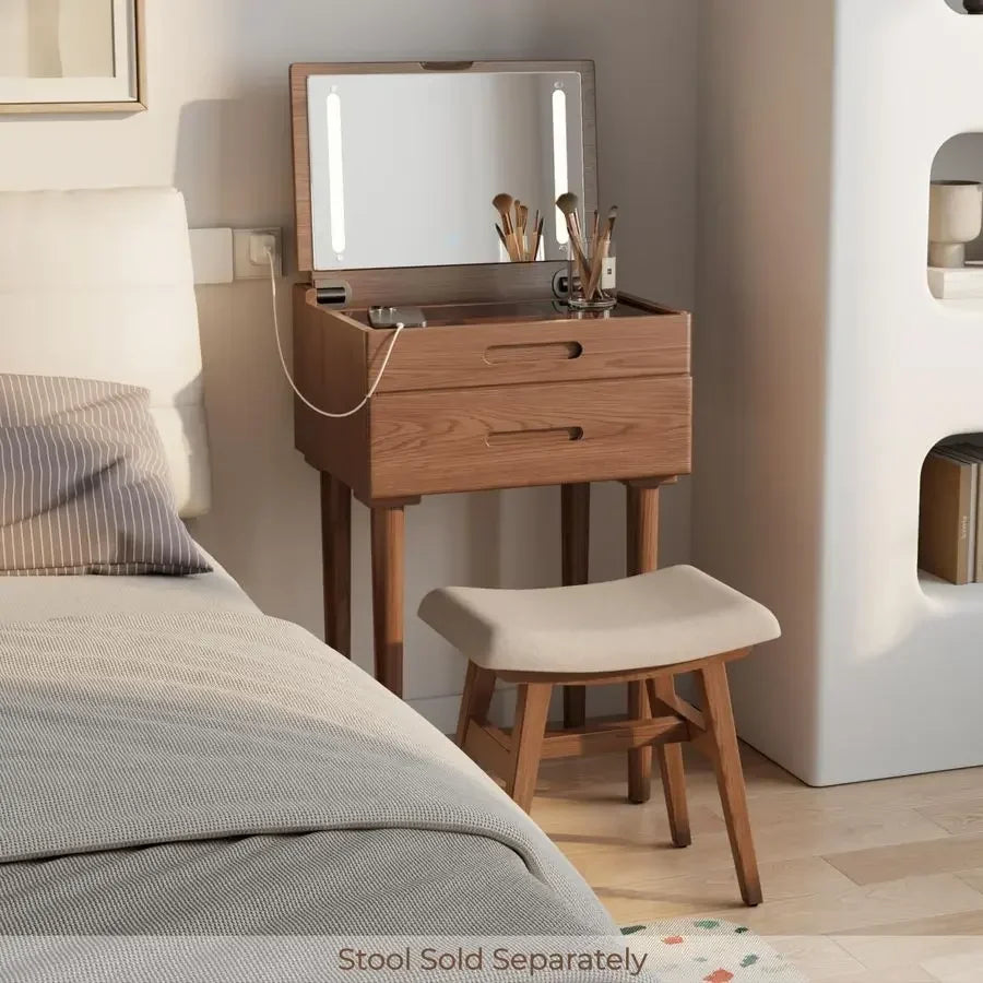 Wood Small Vanity Desk with Mirror and Lights, Narrow Makeup Vanity for Small Space, Flip Top Vanity Side Table, 3 Color Modes