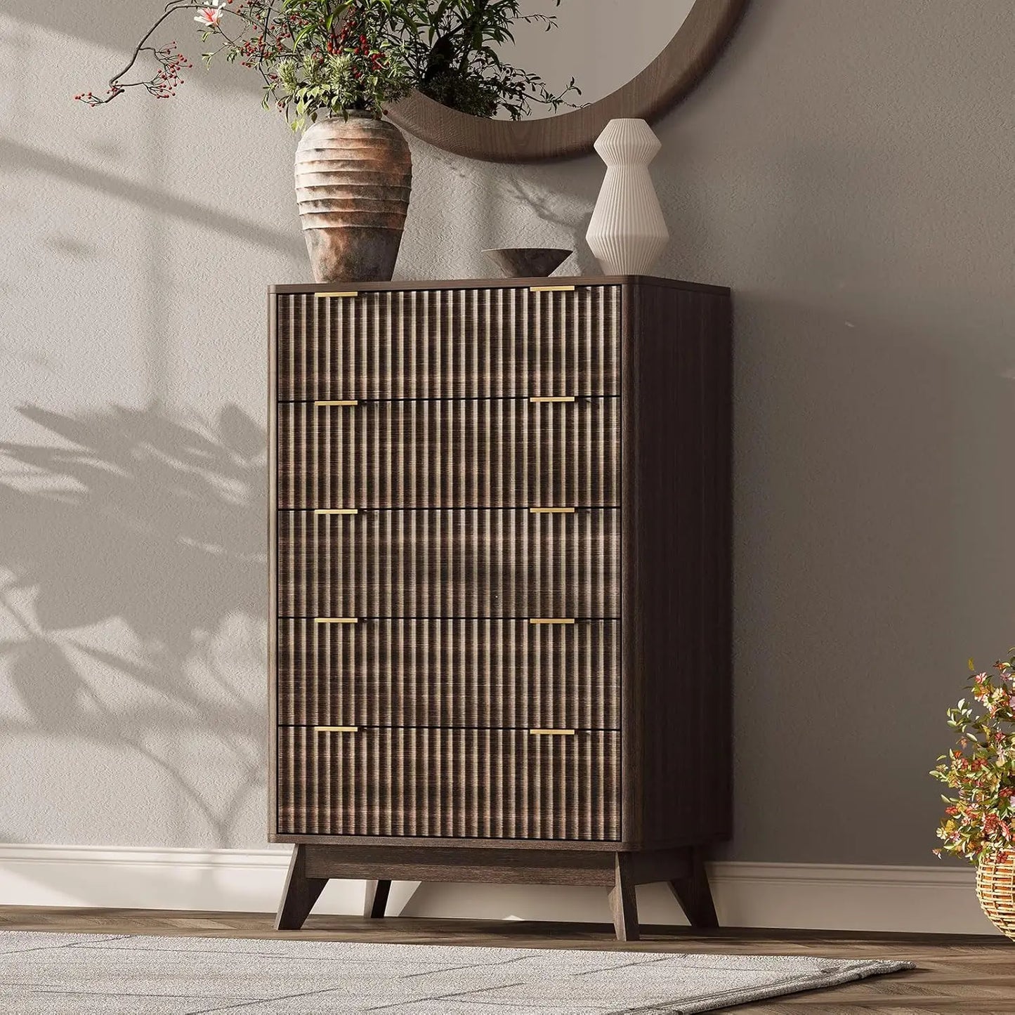 63'' Wide 9 Drawer Dresser Modern Fluted Vertical Chest Rounded Corners Bedroom Living Room Hallway Natural Wood, Customized